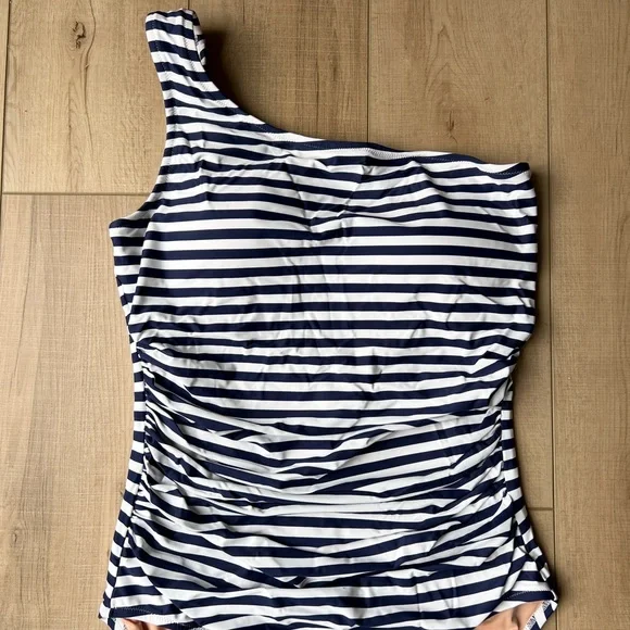 J. Crew Striped Ruched One-Shoulder Swimsuit - Picture 2 of 8